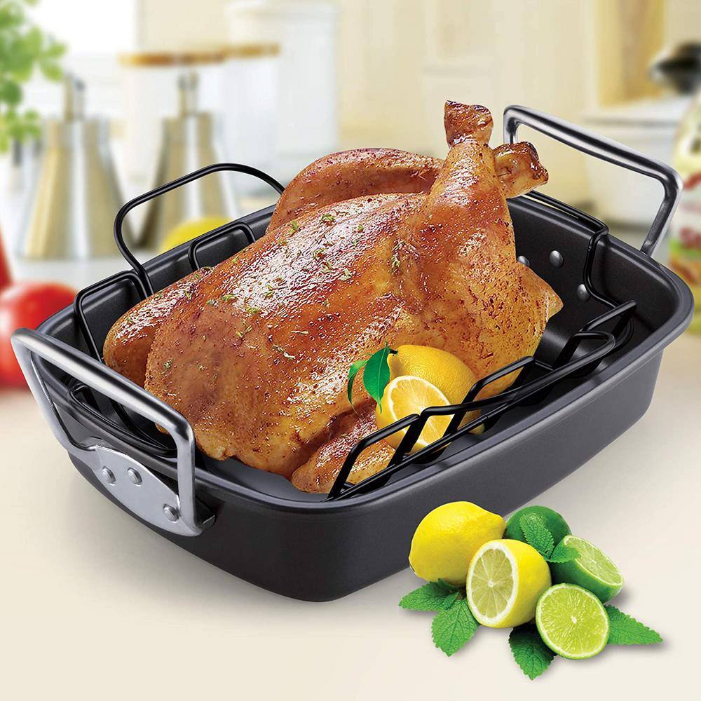 Cook N Home 17 in. x 13 in. 12 qt. Black Aluminum Nonstick Roasting Pans with Rack