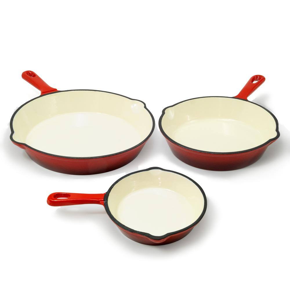 ExcelSteel 3-Piece Cast Iron Skillet Set with Red Enamel Coating