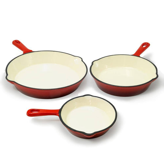 ExcelSteel 3-Piece Cast Iron Skillet Set with Red Enamel Coating