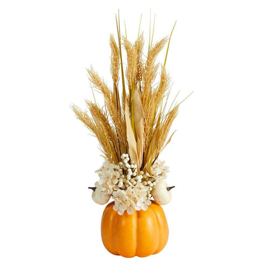 Nearly Natural 21 in. Orange Autumn Dried Wheat and Pumpkin Artificial Fall Arrangement in Decorative Pumpkin Vase