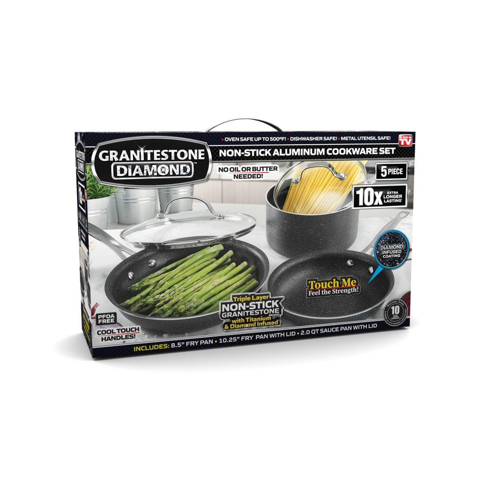 GRANITESTONE 5-Piece Aluminum Ultra-Durable Non-Stick Diamond Infused Cookware Set with Glass Lids