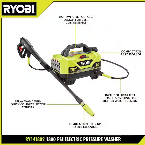 RYOBI  1800 PSI 1.2 GPM Cold Water Corded Electric Pressure Washer