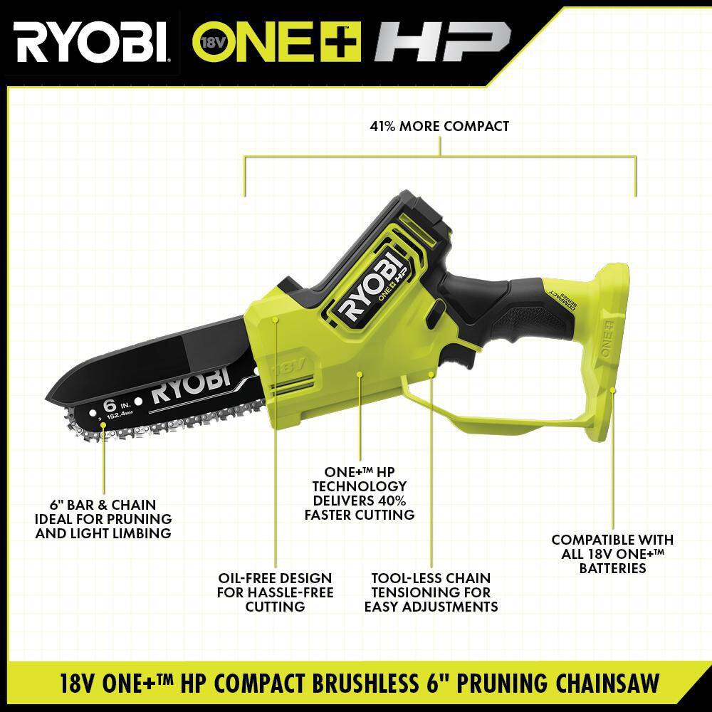 RYOBI ONE+ HP 18V Brushless 6 in. Battery Compact Pruning Mini Chainsaw (Tool Only)