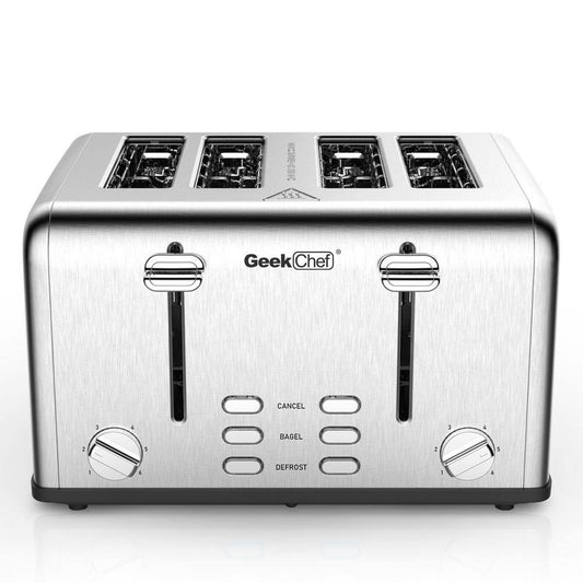 1650 W 4-Slice Stainless Steel Wide Slot Toaster with Defrost, Dual Independent Control Panel, Removable Crumb Tray