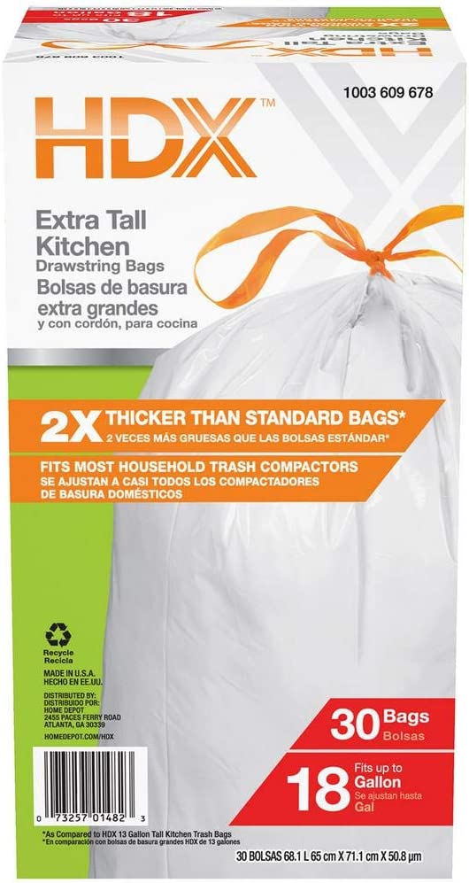 HDX 18 Gal. White Extra Tall Kitchen Drawstring Trash Bags (30-Count) - For Home, Kitchen, & Office