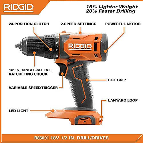 RIDGID  18V Cordless 1/2 in. Drill/Driver Kit with (1) 2.0 Ah Battery and Charger