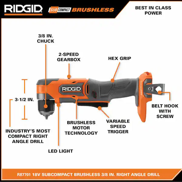 RIDGID  18V SubCompact Brushless Cordless 3/8 in. Right Angle Drill (Tool Only)