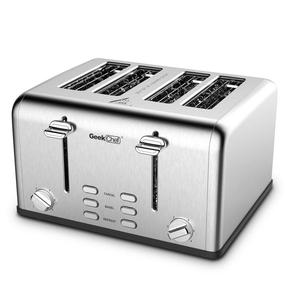 1650 W 4-Slice Stainless Steel Wide Slot Toaster with Defrost, Dual Independent Control Panel, Removable Crumb Tray