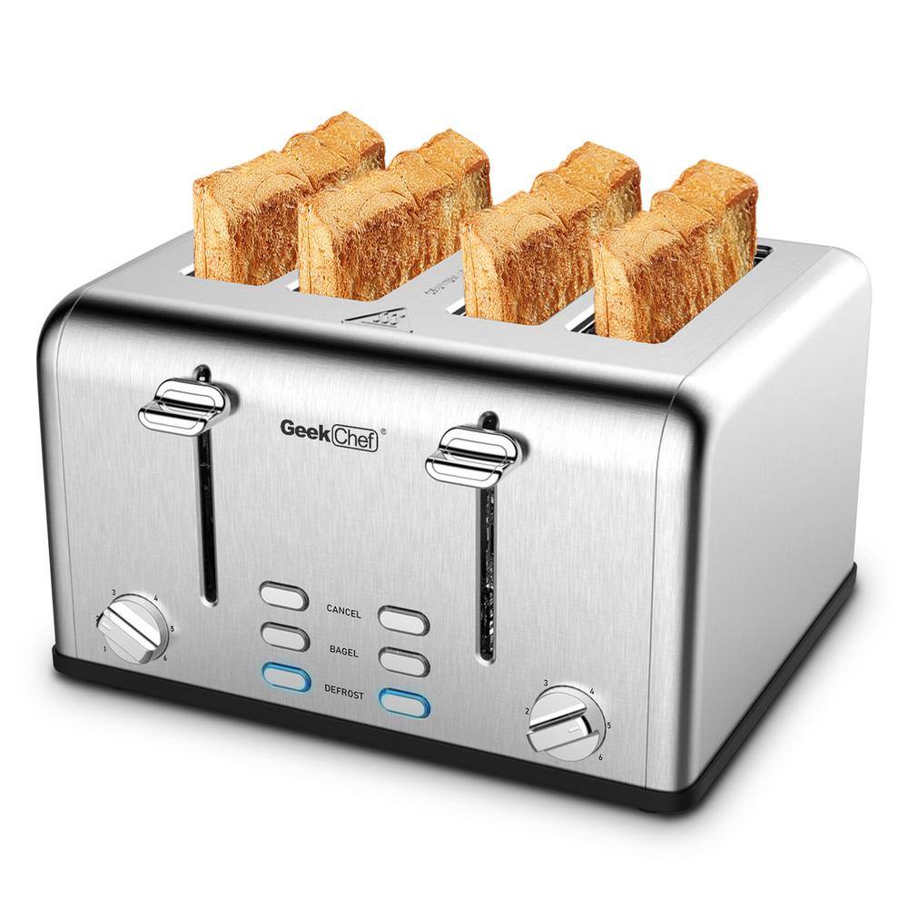 1650 W 4-Slice Stainless Steel Wide Slot Toaster with Defrost, Dual Independent Control Panel, Removable Crumb Tray