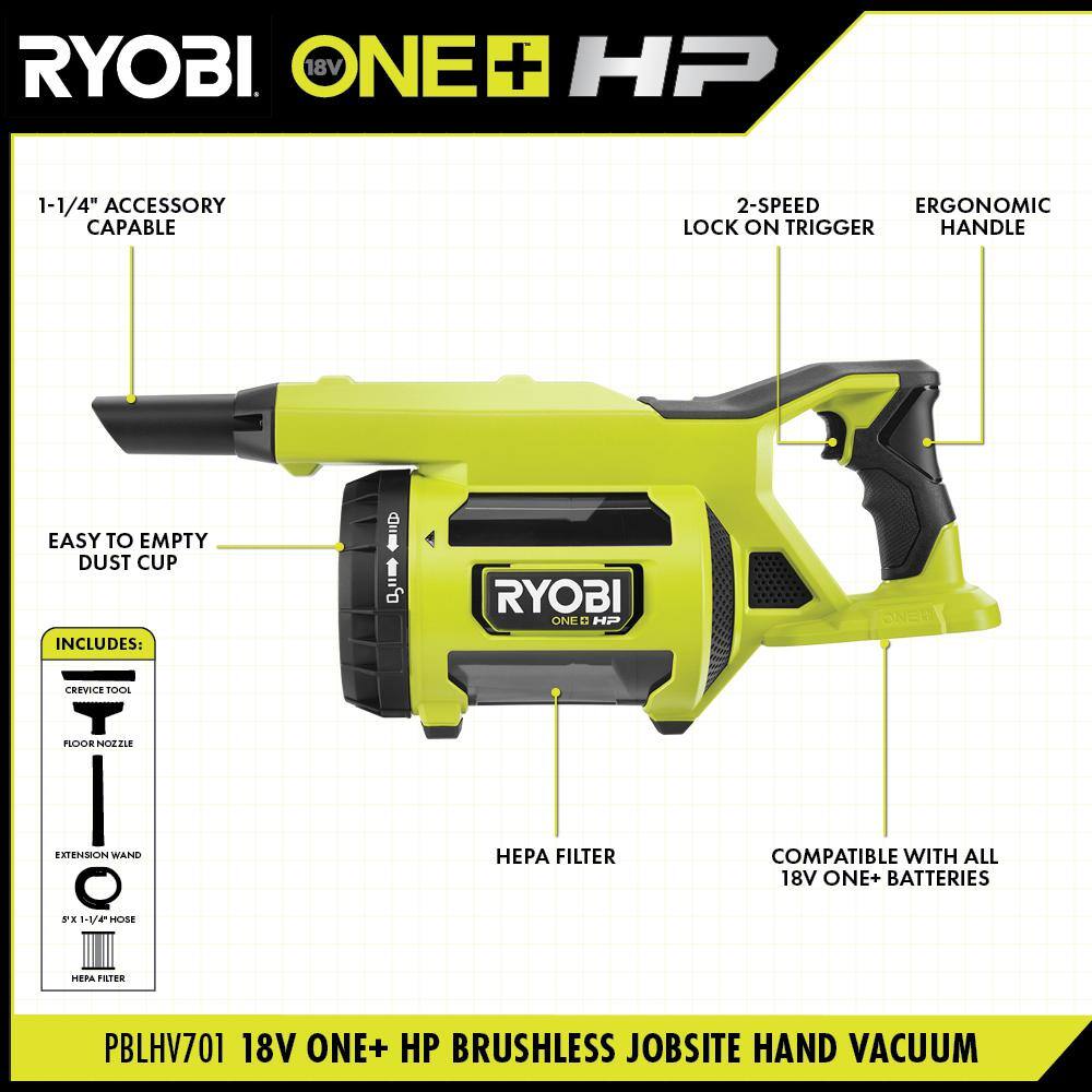 RYOBI ONE+ HP 18V Brushless Cordless Jobsite Hand Vacuum (Tool Only)