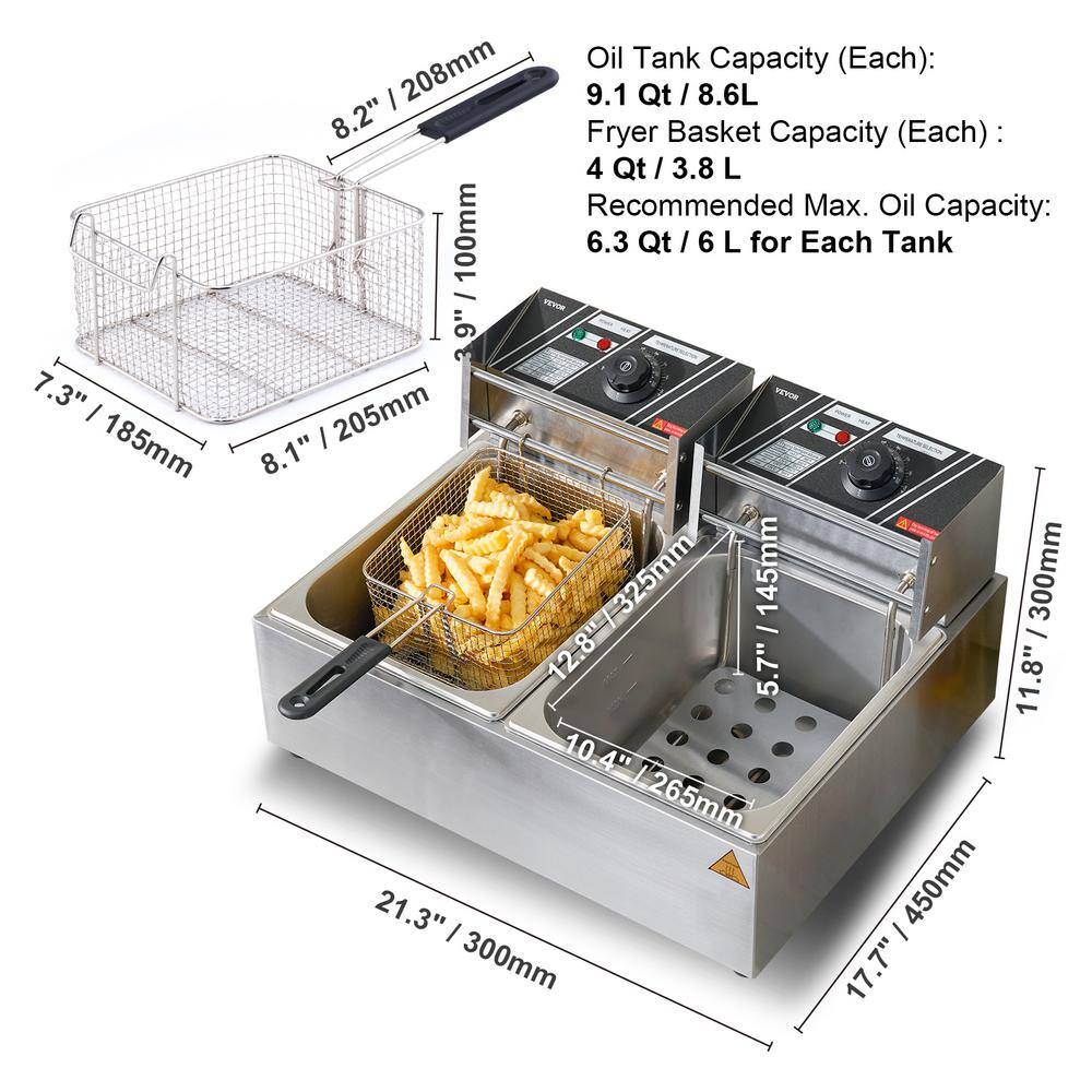 VEVOR Commercial Electric Deep Fryer 18.2 qt. Electric Countertop Fryer 3000 Watt Stainless Steel Dual Deep Fryer, Silver