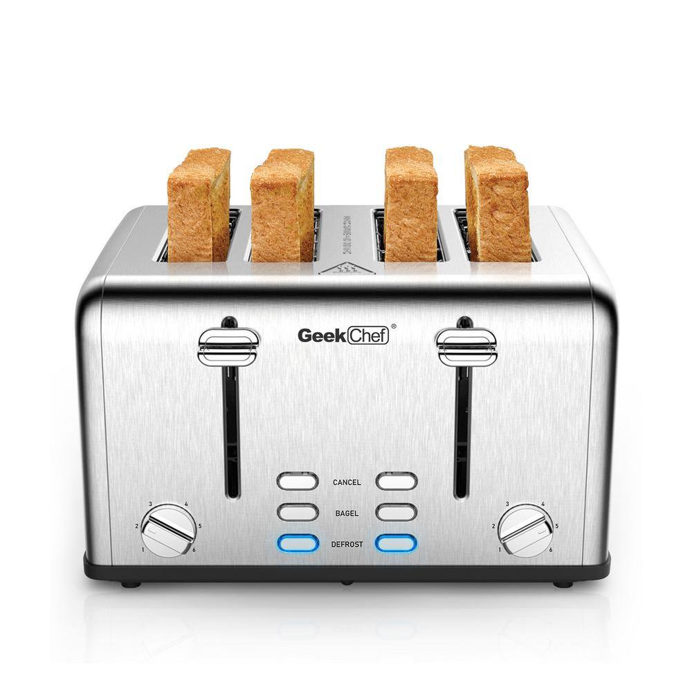 1650 W 4-Slice Stainless Steel Wide Slot Toaster with Defrost, Dual Independent Control Panel, Removable Crumb Tray