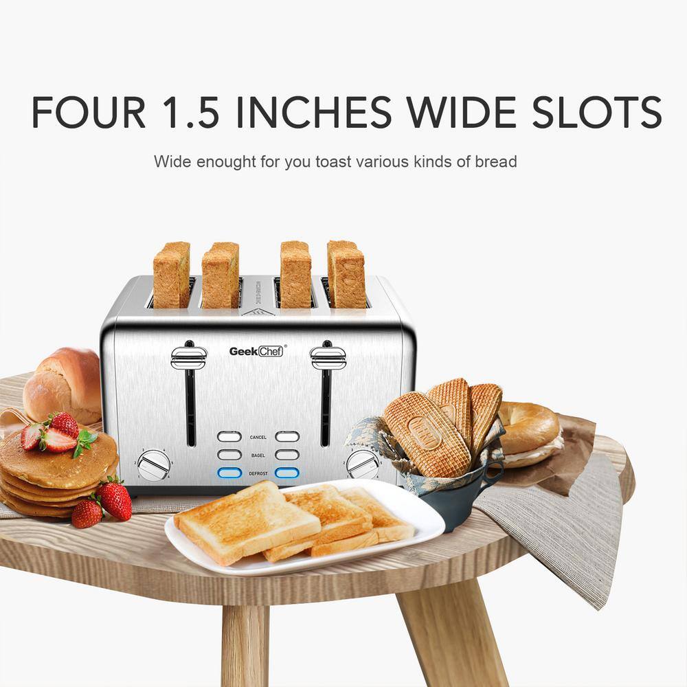 1650 W 4-Slice Stainless Steel Wide Slot Toaster with Defrost, Dual Independent Control Panel, Removable Crumb Tray