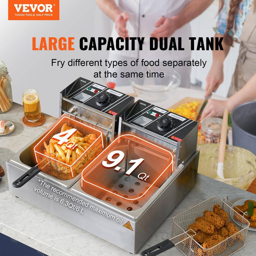 VEVOR Commercial Electric Deep Fryer 18.2 qt. Electric Countertop Fryer 3000 Watt Stainless Steel Dual Deep Fryer, Silver