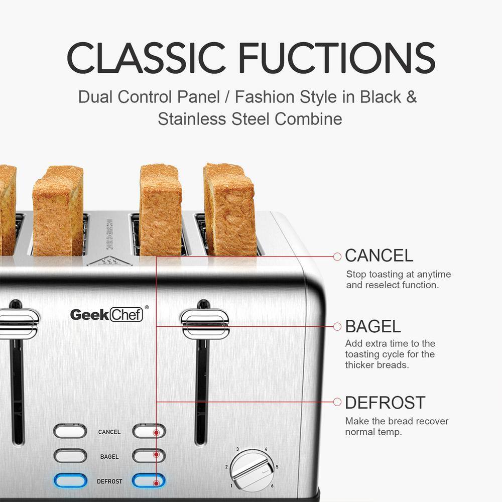 1650 W 4-Slice Stainless Steel Wide Slot Toaster with Defrost, Dual Independent Control Panel, Removable Crumb Tray