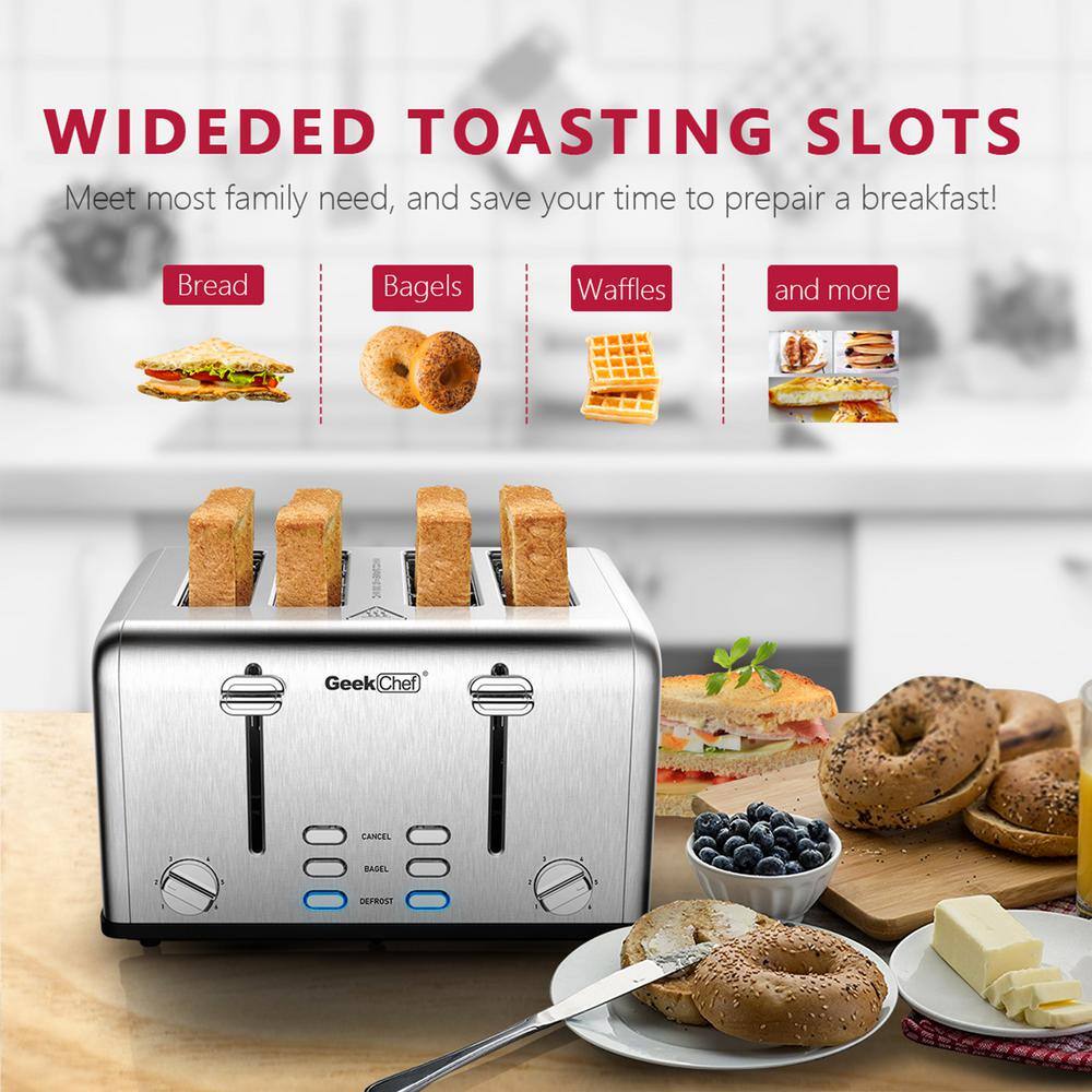 1650 W 4-Slice Stainless Steel Wide Slot Toaster with Defrost, Dual Independent Control Panel, Removable Crumb Tray