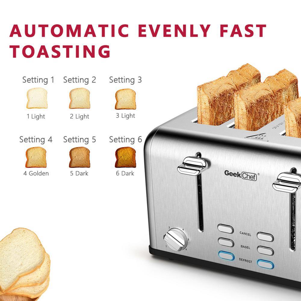 1650 W 4-Slice Stainless Steel Wide Slot Toaster with Defrost, Dual Independent Control Panel, Removable Crumb Tray