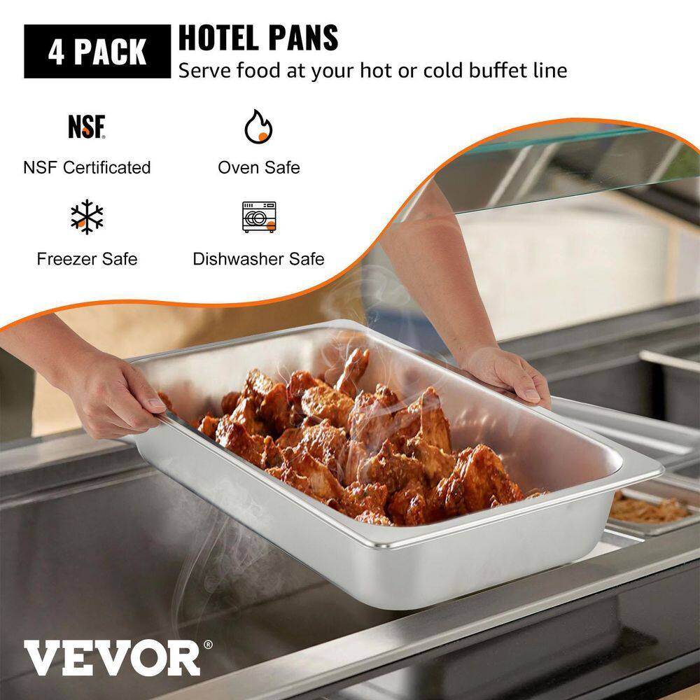 VEVOR 13.7 qt. Stainless Steel Hotel Pan 20.9 x 12.8 x 3.9 in. Roasting Pan with Lid Hotel Pans Full Size Deep (4-Pack)