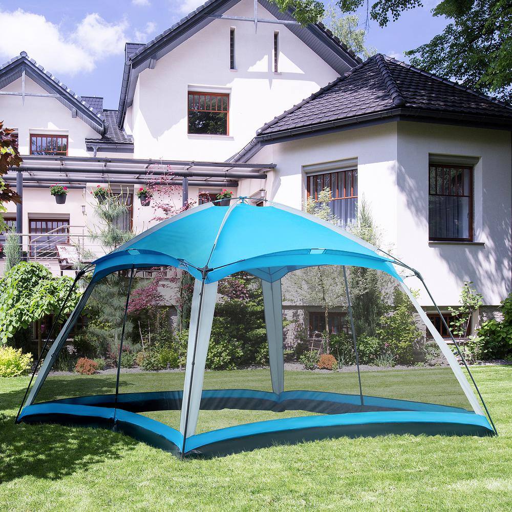 Outsunny 12 ft. x 12 ft. Screen House Room, 8 Person Light Blue Camping Tent with Carry Bag and 4 Mesh Walls for Hiking