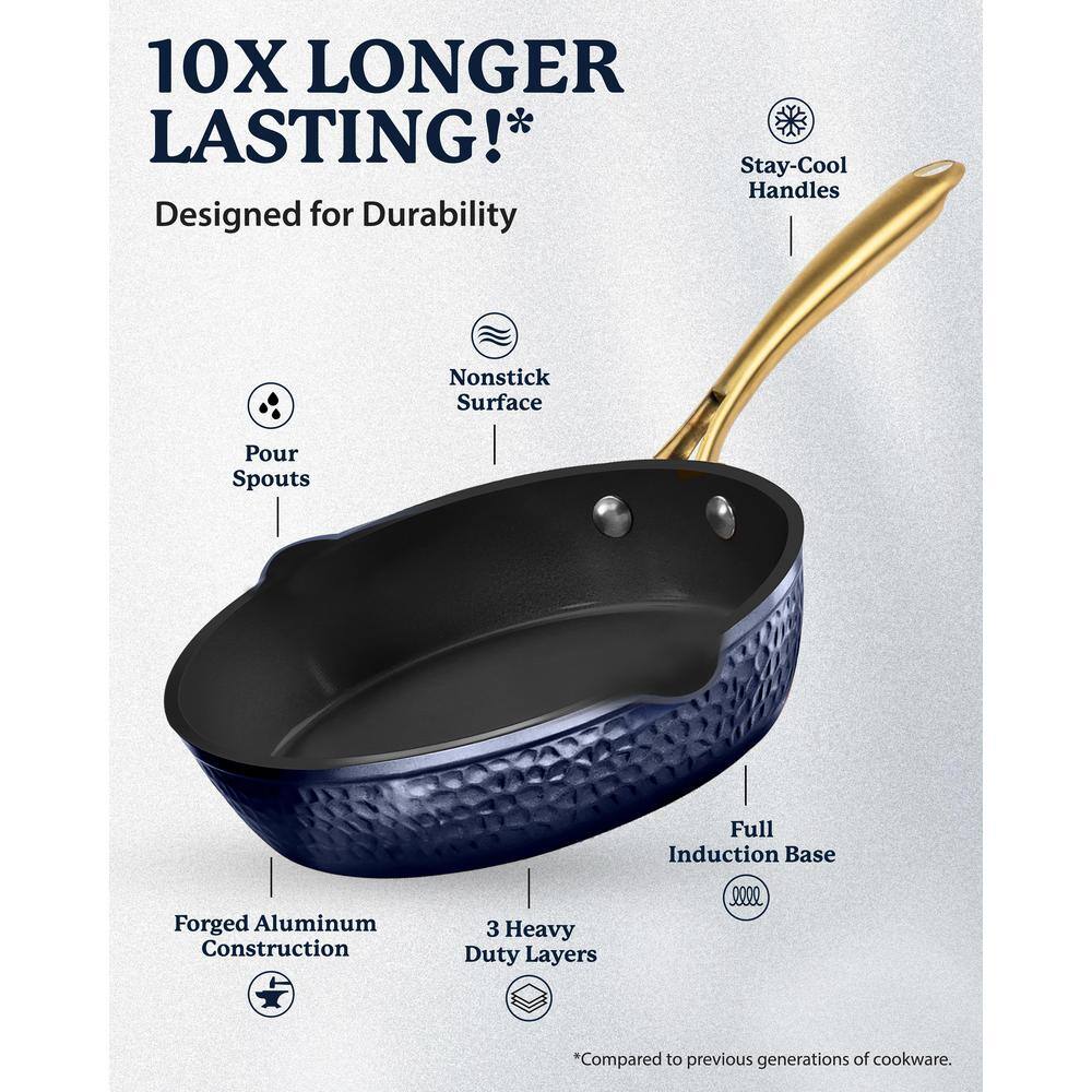 GRANITESTONE Charleston Collection 4 qt. Aluminum Hammered Nonstick Deep Saute Pan with Strainer Glass Lid in Navy