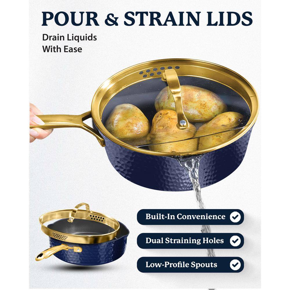 GRANITESTONE Charleston Collection 4 qt. Aluminum Hammered Nonstick Deep Saute Pan with Strainer Glass Lid in Navy