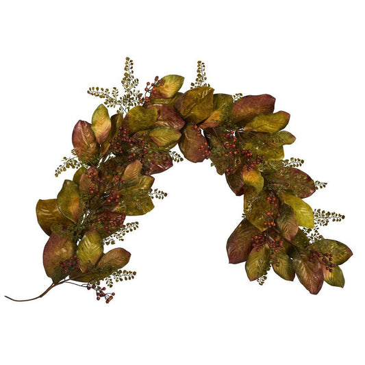 Nearly Natural 6 ft. Autumn Magnolia Leaf and Berries Artificial Garland