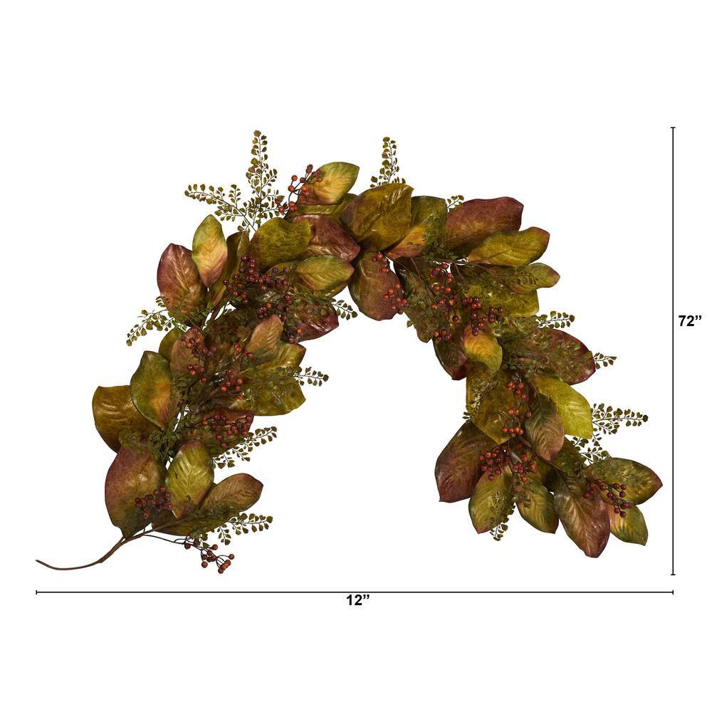 Nearly Natural 6 ft. Autumn Magnolia Leaf and Berries Artificial Garland