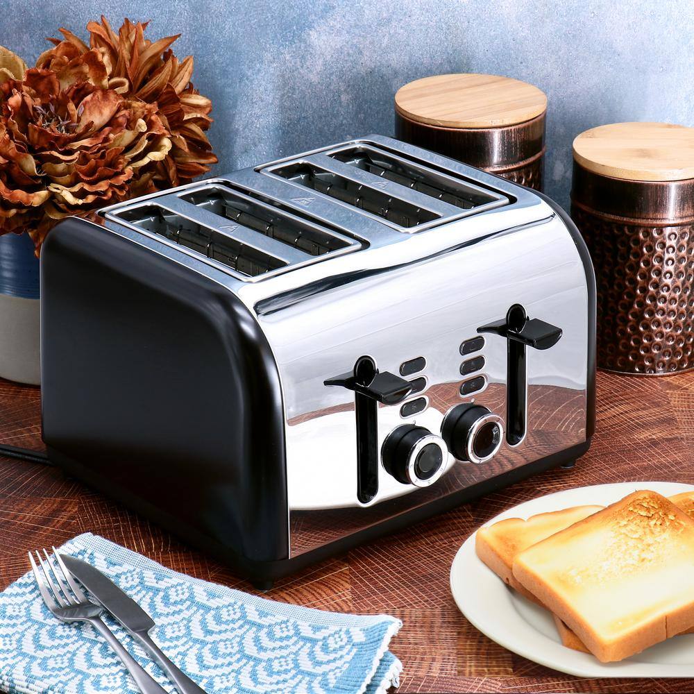 1400-Watt 4-Slice Black Wide Slot Stainless Steel Toaster