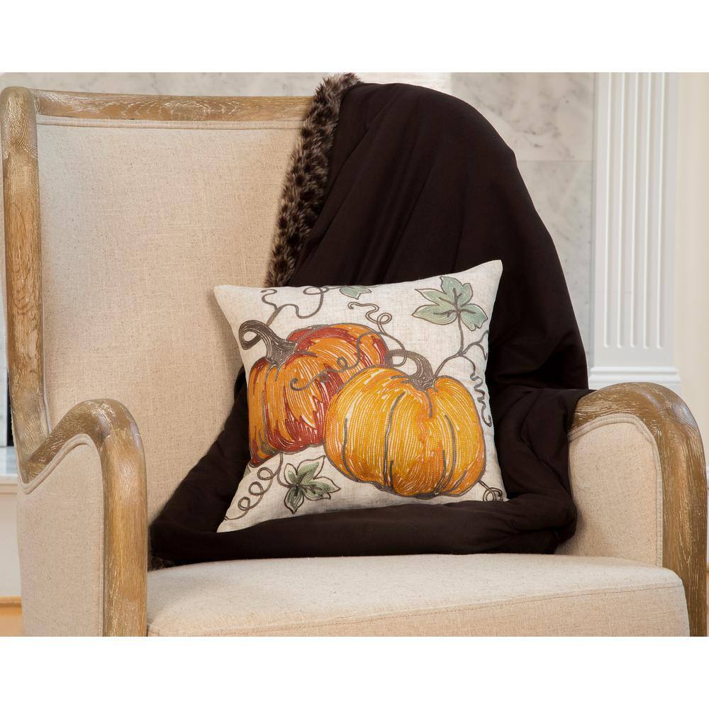 Manor Luxe 14 in. x 14 in. Rustic Pumpkin Crewel Embroidered Fall Pillow