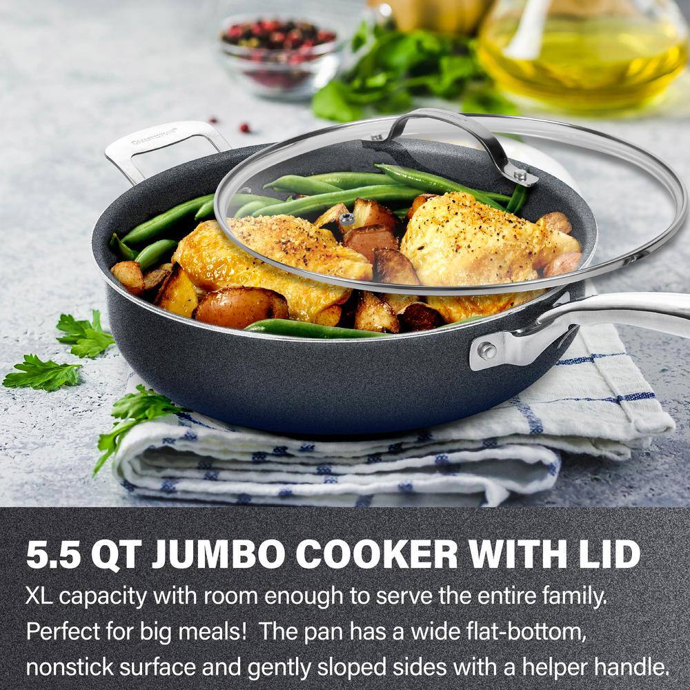 GRANITESTONE 5.5 Qt. Aluminum Ultra-Durable Non-Stick Diamond Infused Deep Saute Pan with Glass Lid and Helper Handle