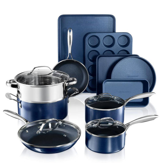 GRANITESTONE Classic Blue 15-Piece Aluminum Ultra-Durable Non-Stick Diamond Infused Cookware and Bakeware Set