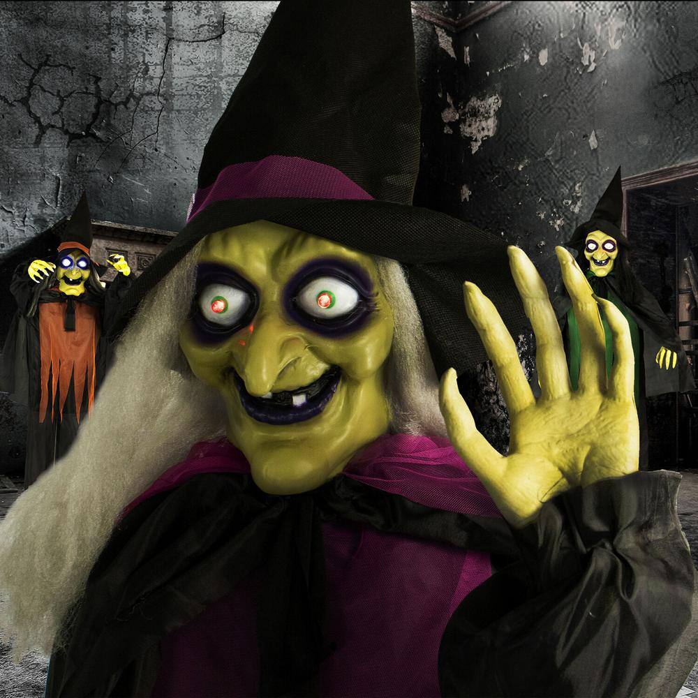 Haunted Hill Farm 67 in. Touch Activated Animatronic Witches, Light-up Eyes, Poseable, Battery-Operated