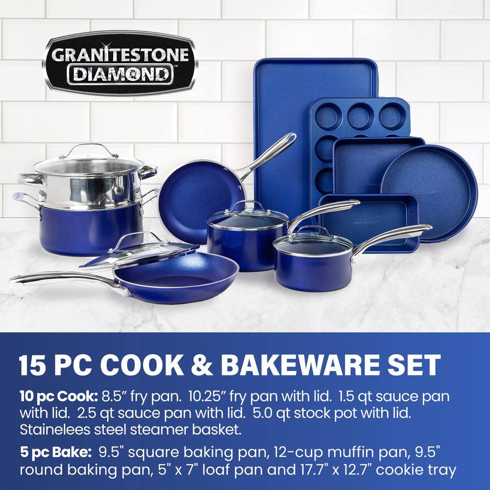 GRANITESTONE Classic Blue 15-Piece Aluminum Ultra-Durable Non-Stick Diamond Infused Cookware and Bakeware Set