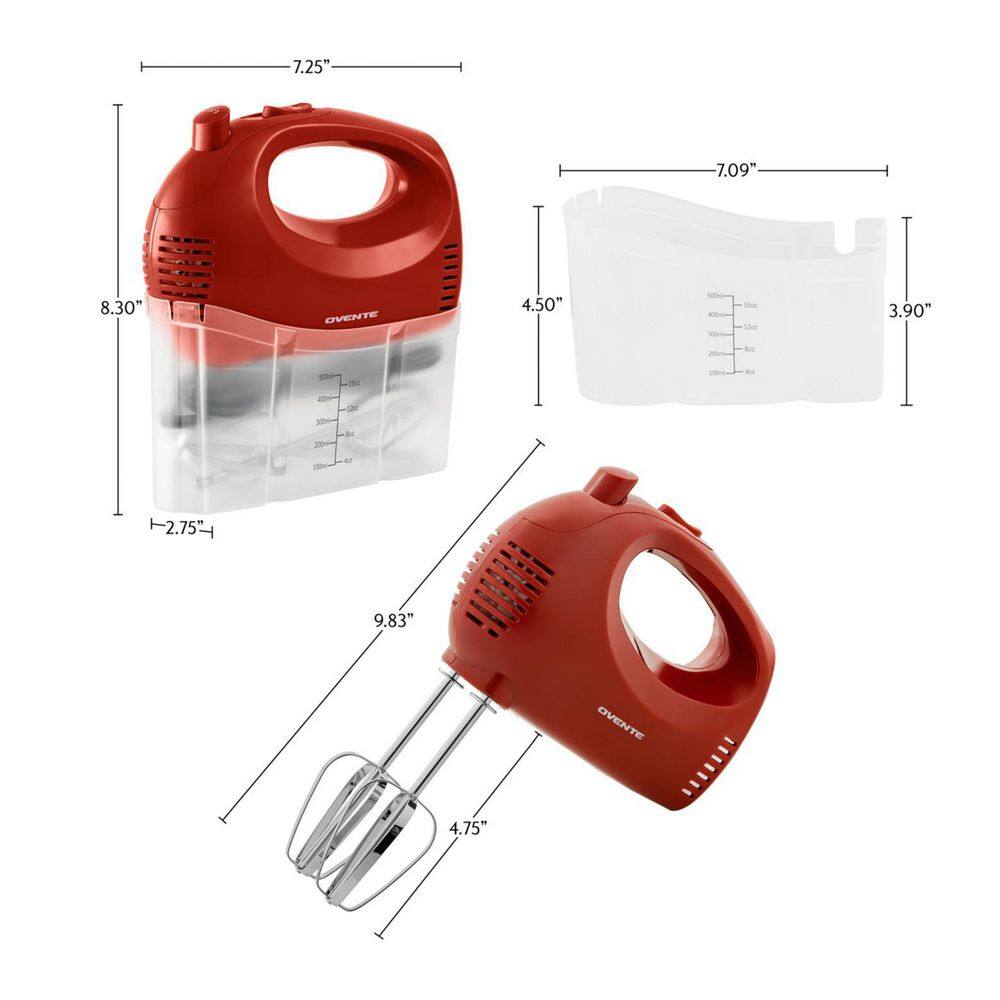 OVENTE 5-Speed Ultra Power Hand Mixer with Free Storage Case, Red