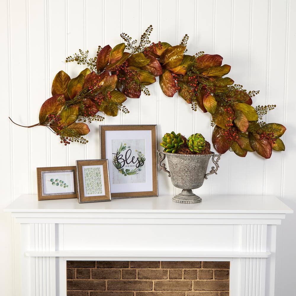 Nearly Natural 6 ft. Autumn Magnolia Leaf and Berries Artificial Garland