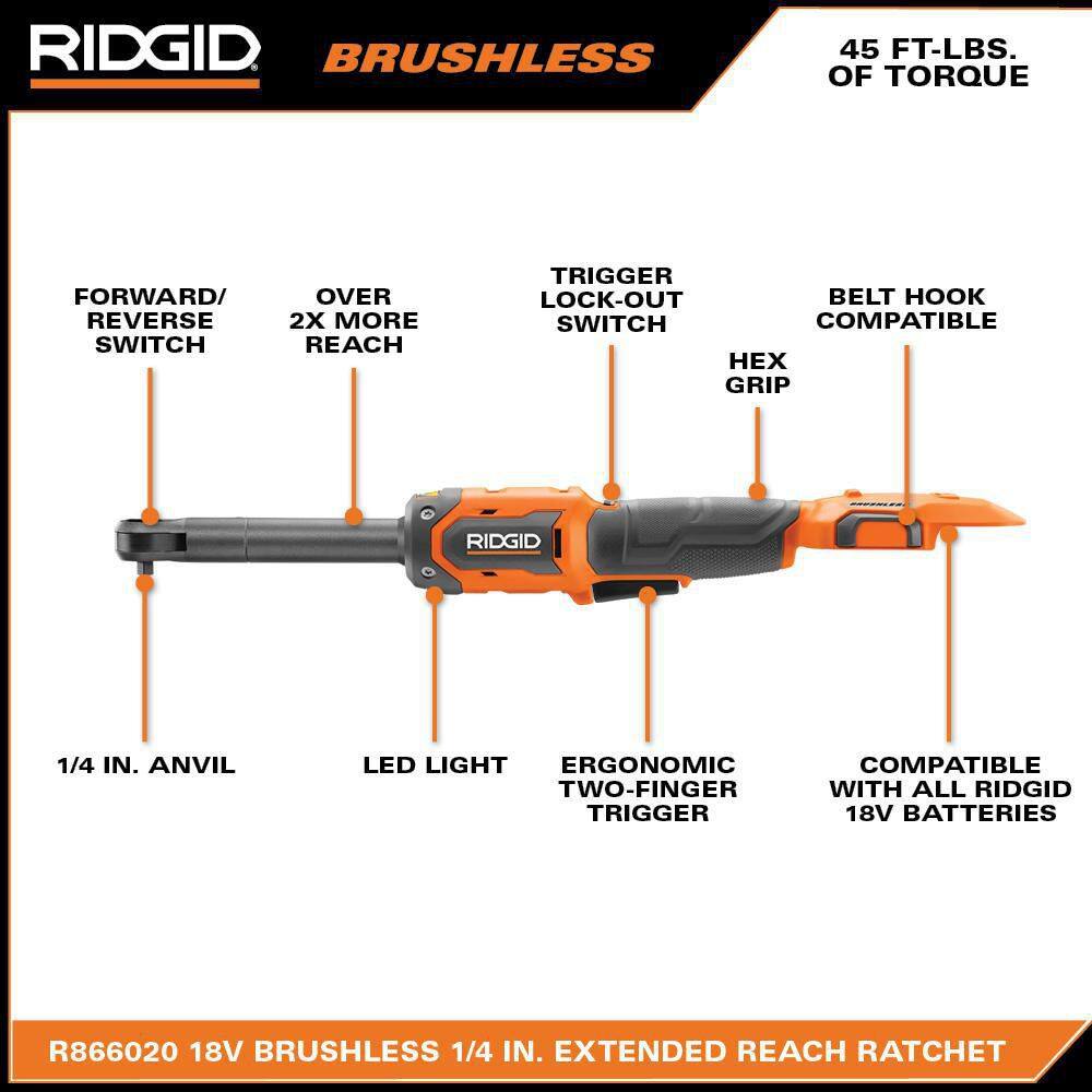 RIDGID 18V Brushless Cordless 1/4 in. Extended Reach Ratchet (Tool Only)