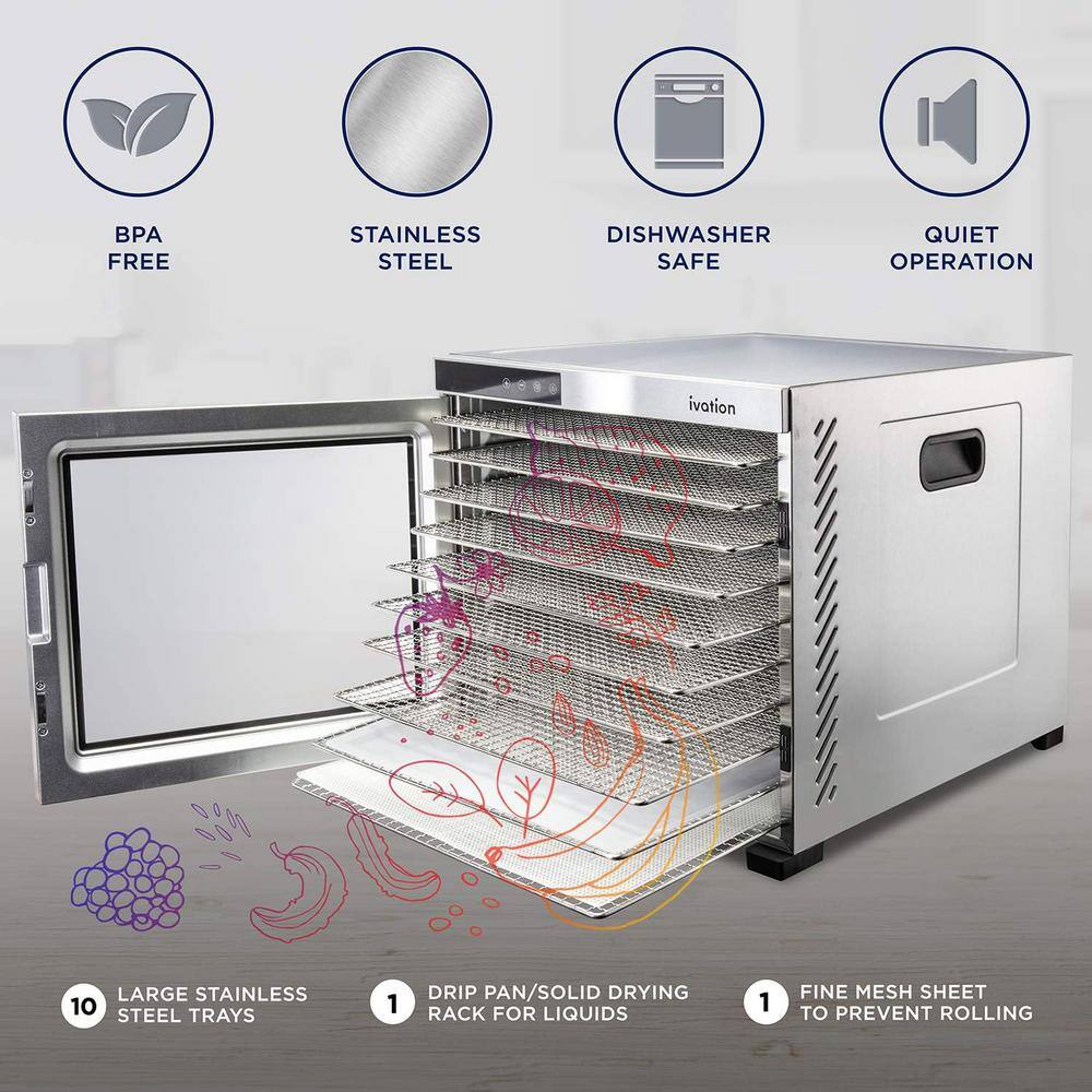 Ivation 10 Stainless Steel Tray Food Dehydrator For Snacks, Fruit and Beef Jerky