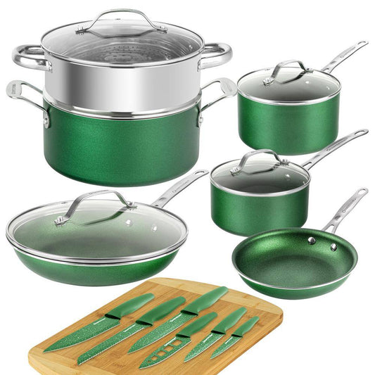 GRANITESTONE Emerald Green 17-Piece Aluminum Ultra-Durable Nonstick Diamond Infused Knives and Cookware Set with Cutting Board