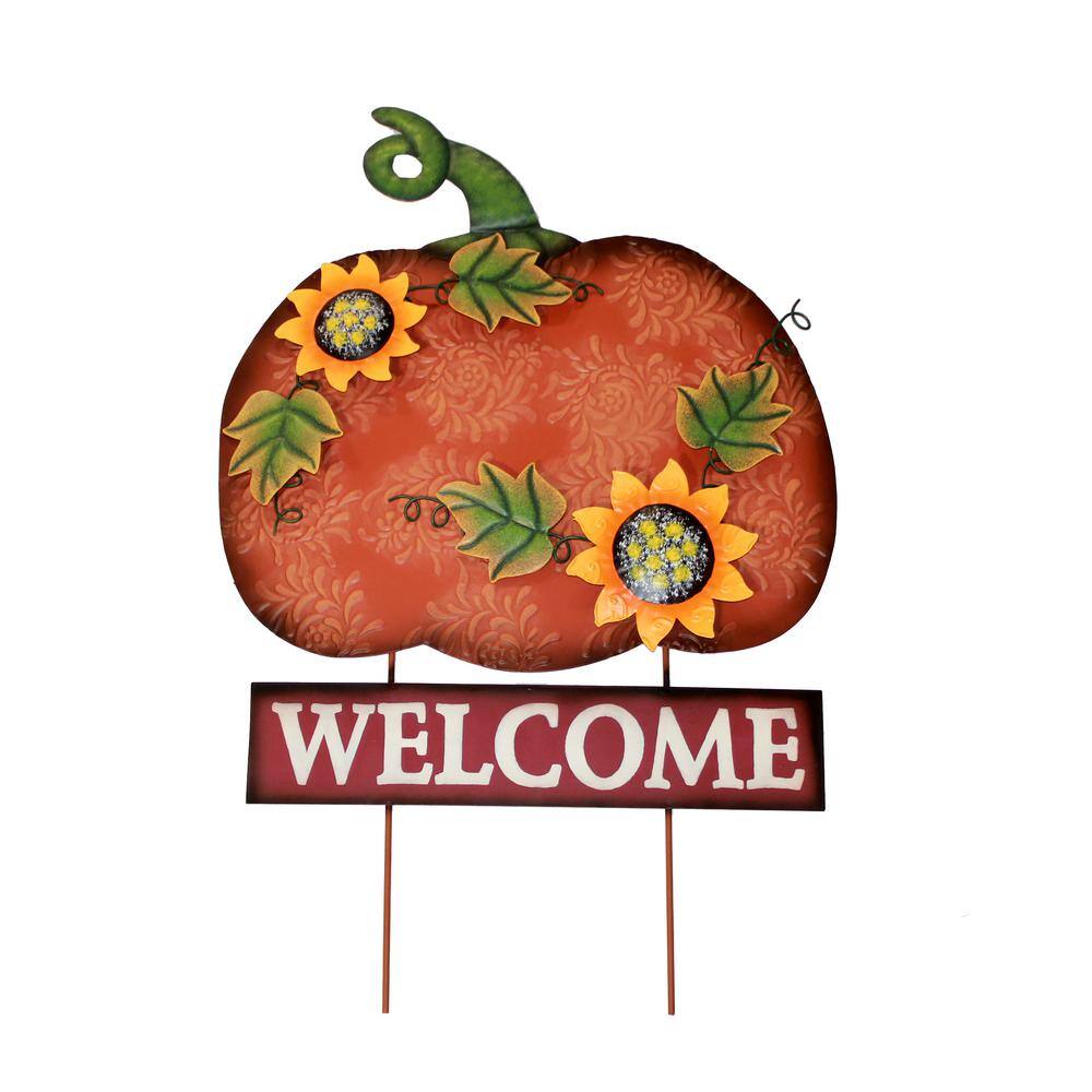 28 in. Metal Welcome Pumpkin Stake with Metal Sunflowers, Leaves and Tendrils Attached