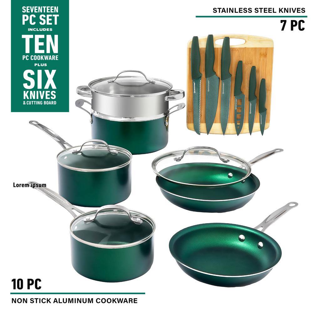 GRANITESTONE Emerald Green 17-Piece Aluminum Ultra-Durable Nonstick Diamond Infused Knives and Cookware Set with Cutting Board