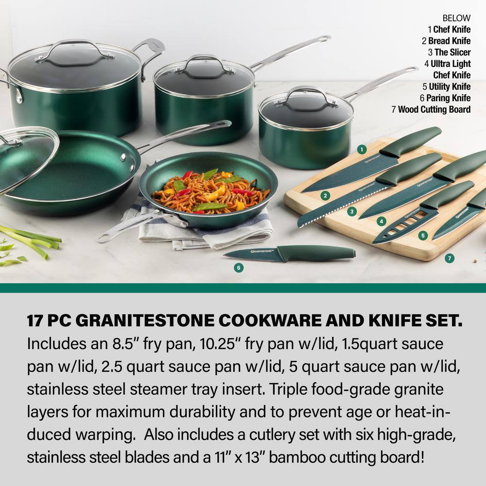 GRANITESTONE Emerald Green 17-Piece Aluminum Ultra-Durable Nonstick Diamond Infused Knives and Cookware Set with Cutting Board