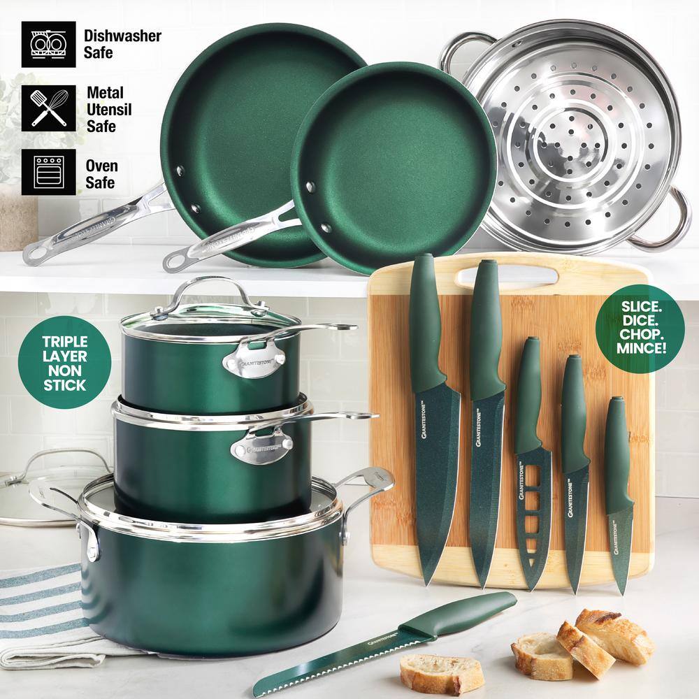 GRANITESTONE Emerald Green 17-Piece Aluminum Ultra-Durable Nonstick Diamond Infused Knives and Cookware Set with Cutting Board