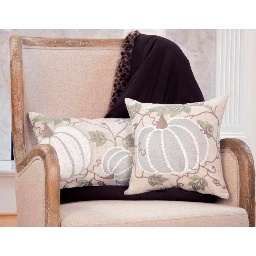 Manor Luxe 14 in. x 14 in. Pumpkin And Vines Crewel Embroidered Fall Pillow