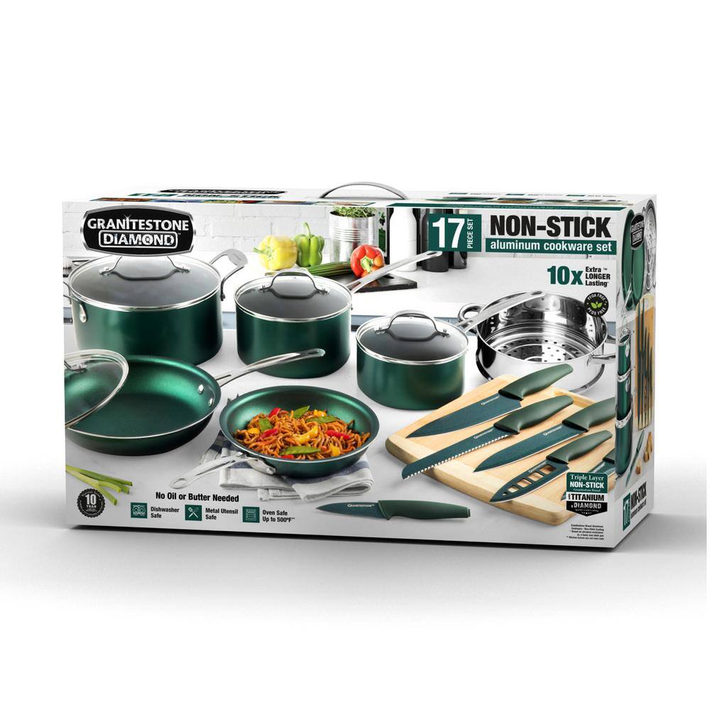 GRANITESTONE Emerald Green 17-Piece Aluminum Ultra-Durable Nonstick Diamond Infused Knives and Cookware Set with Cutting Board