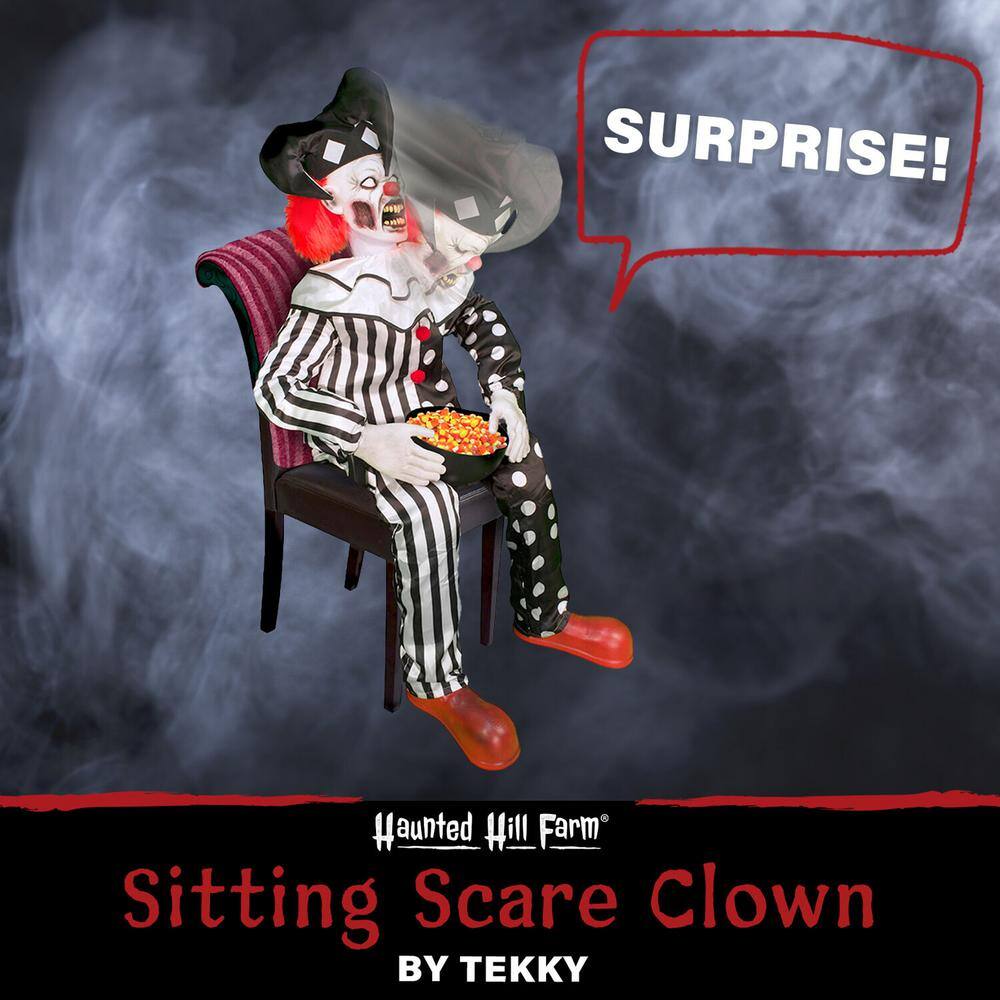 Haunted Hill Farm Hartley the Sitting Scare Clown by Tekky, Premium Talking Halloween Animatronic, Plug-In or Battery