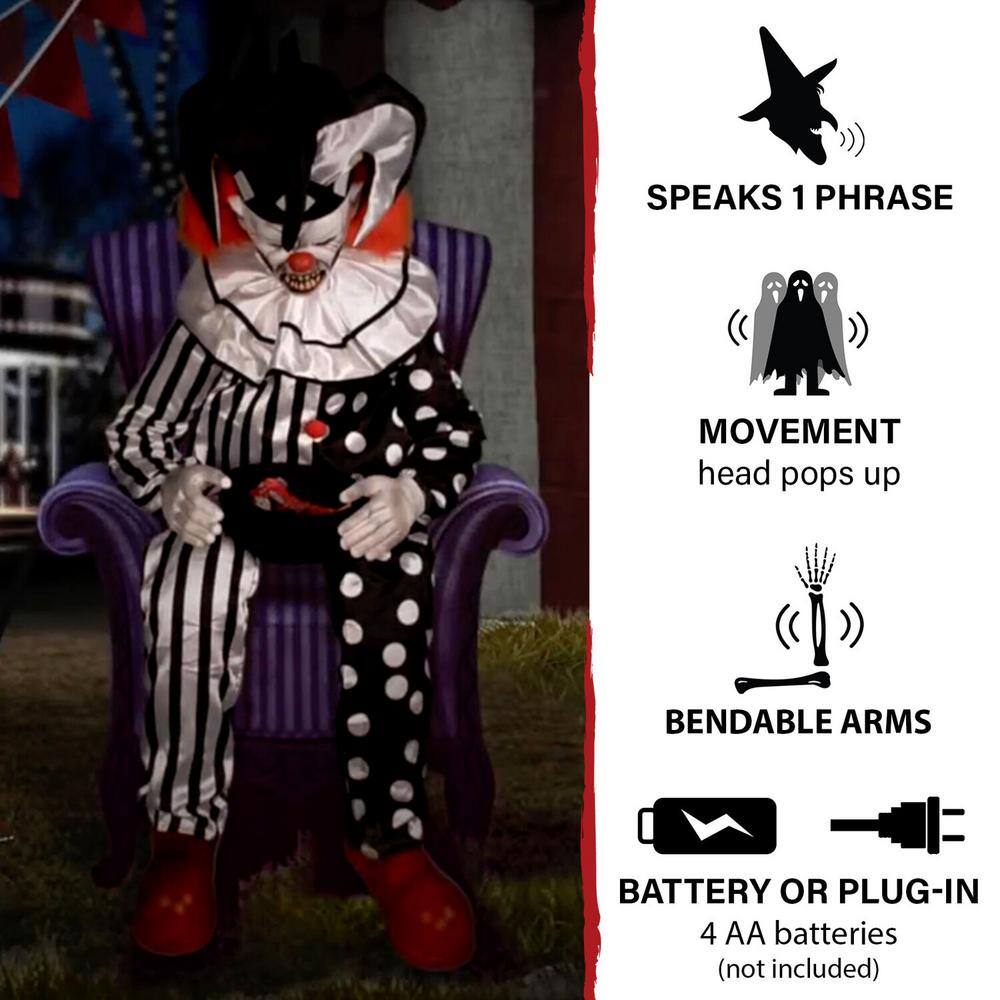 Haunted Hill Farm Hartley the Sitting Scare Clown by Tekky, Premium Talking Halloween Animatronic, Plug-In or Battery