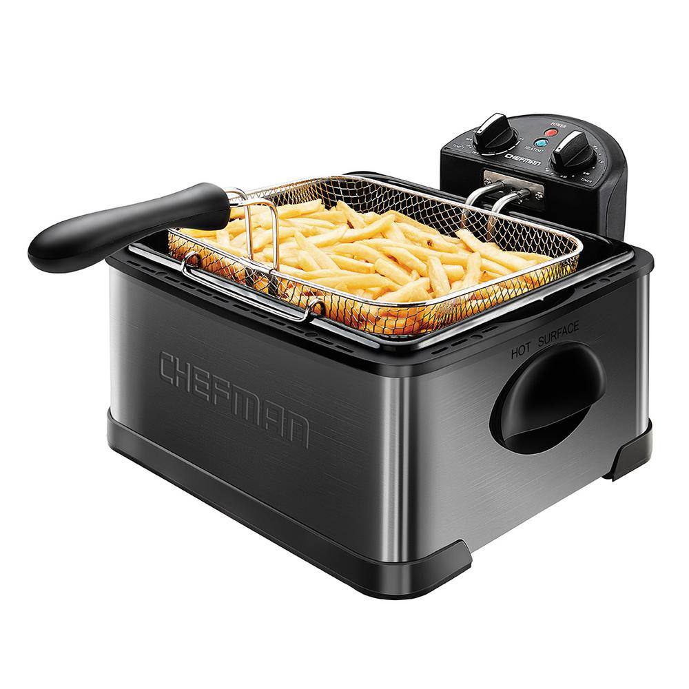 Chefman Deep Fryer with Basket Strainer 4.5 Liter XL Perfect Chicken Shrimp French Fries and Chips Removable Oil Container Black