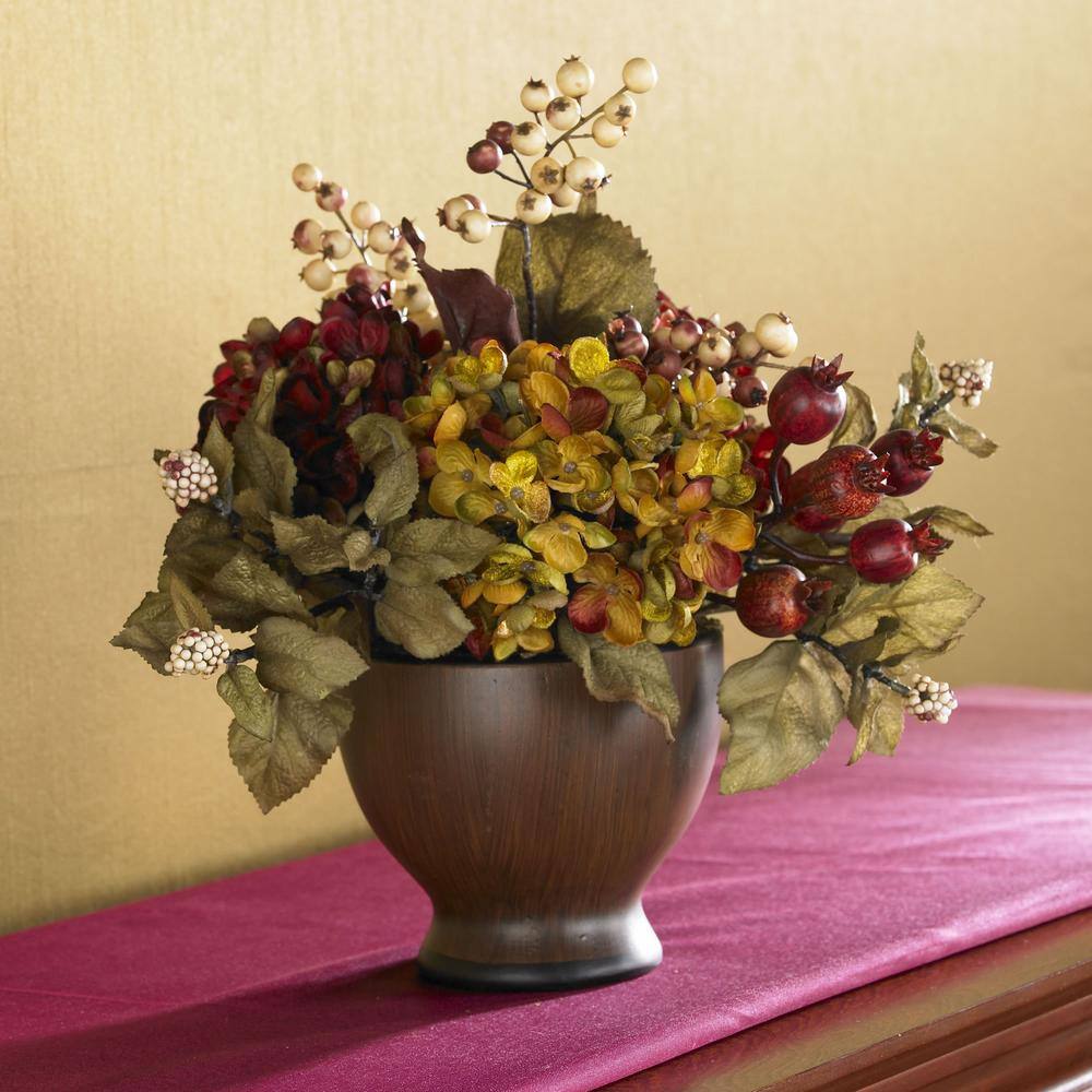 Nearly Natural 12 in. Silk Autumn Hydrangea Arrangement with Wood Vase