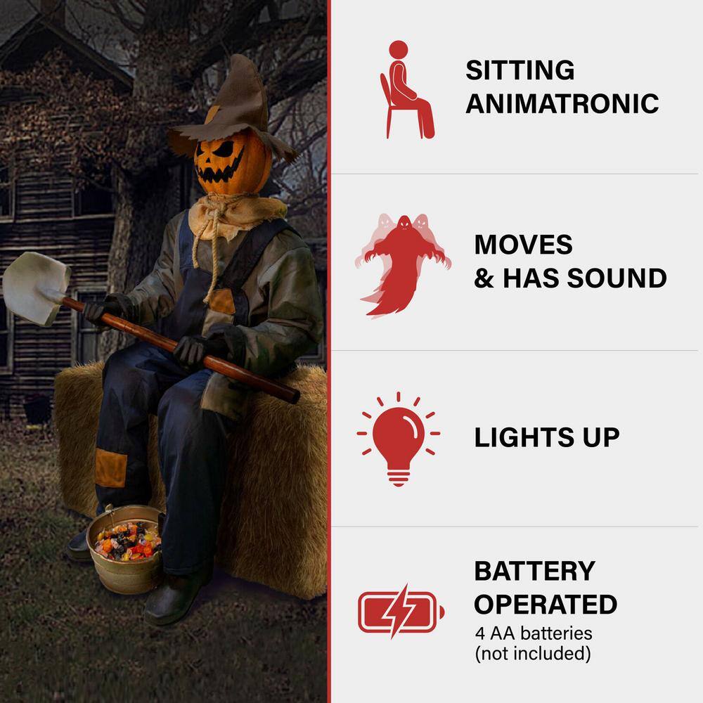 Haunted Hill Farm 55 in. Premium Talking Halloween Animatronic Smiling Jack The Shovel-Wielding Sitting Scarecrow by Tekky