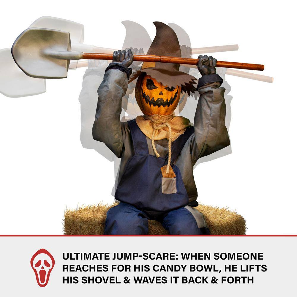 Haunted Hill Farm 55 in. Premium Talking Halloween Animatronic Smiling Jack The Shovel-Wielding Sitting Scarecrow by Tekky